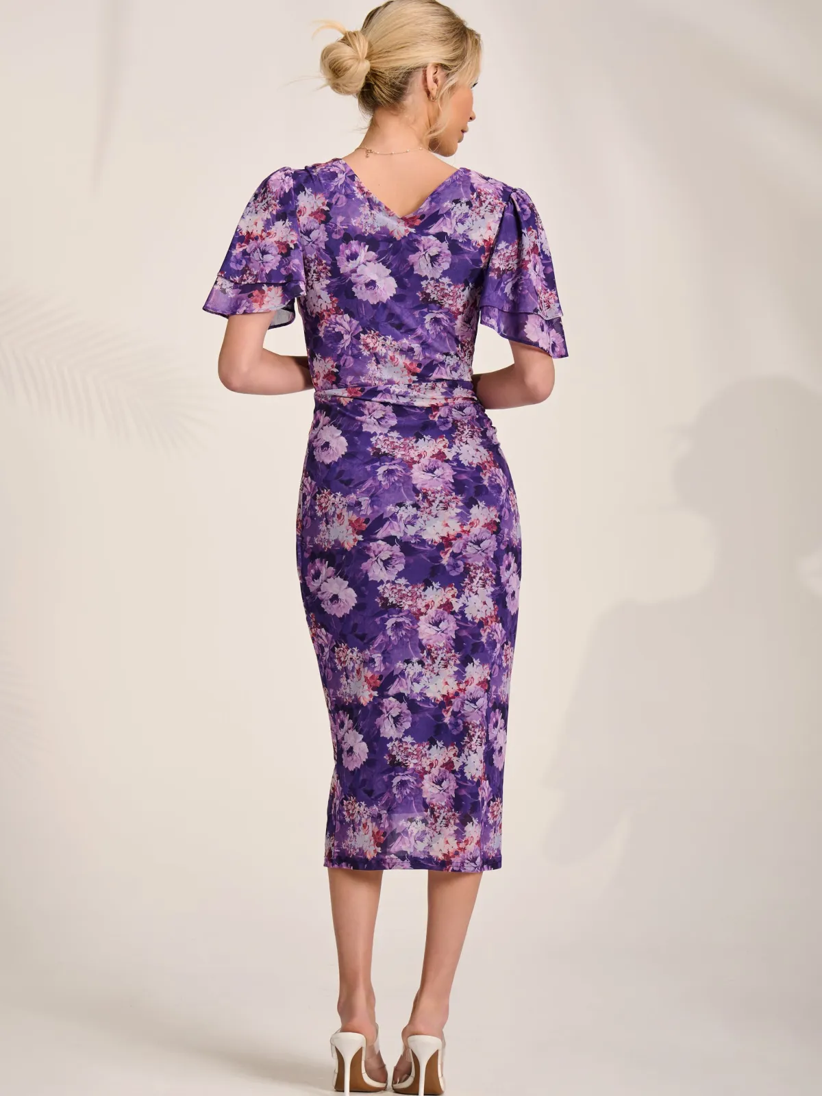 Jolie Moi Occasion Dresses|Floral Dresses-Angel Sleeve Mesh Bodycon Dress, Purple floral