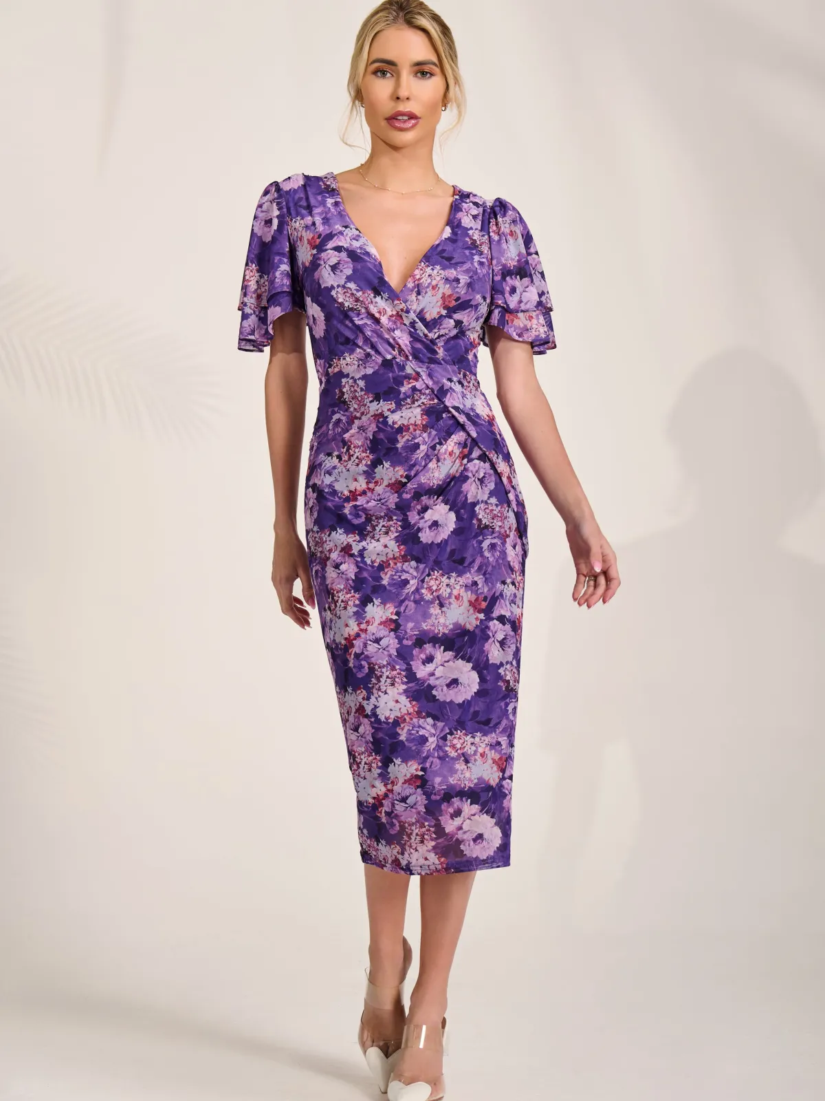 Jolie Moi Occasion Dresses|Floral Dresses-Angel Sleeve Mesh Bodycon Dress, Purple floral