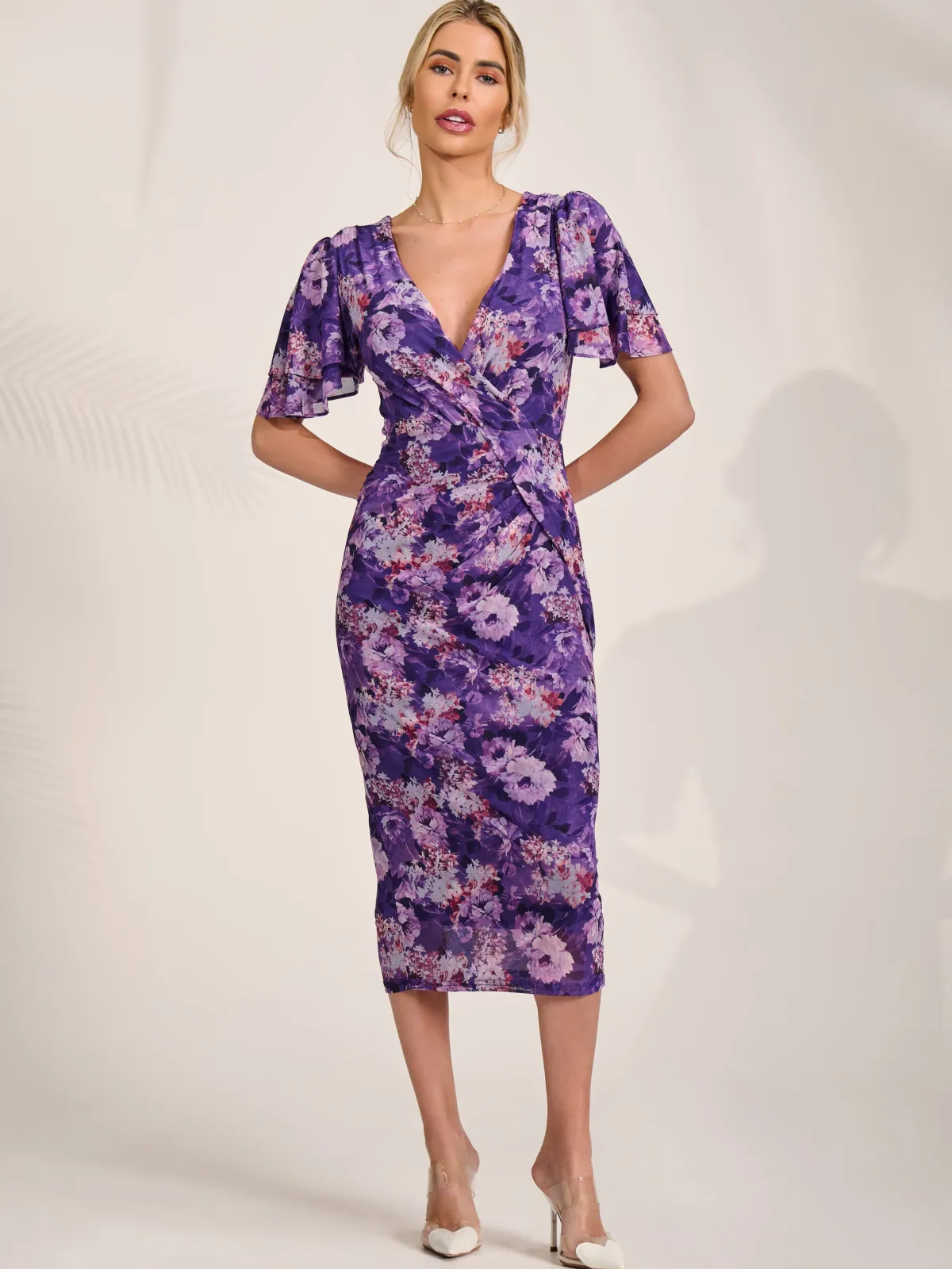 Jolie Moi Occasion Dresses|Floral Dresses-Angel Sleeve Mesh Bodycon Dress, Purple floral