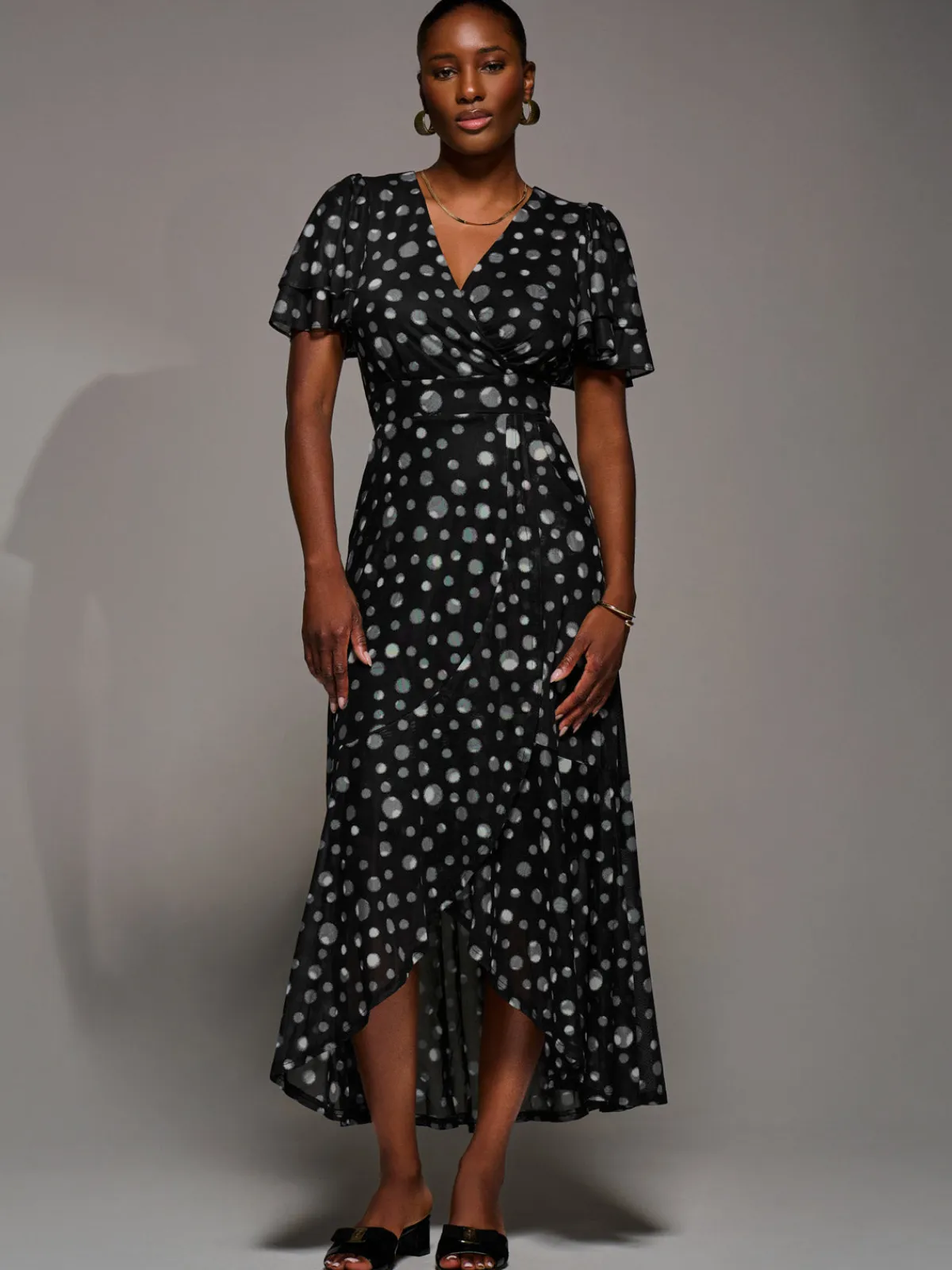 Jolie Moi Occasion Dresses|Wrap Dresses-Angel Sleeve Mesh Frill Wrap Maxi Dress, Black Spot