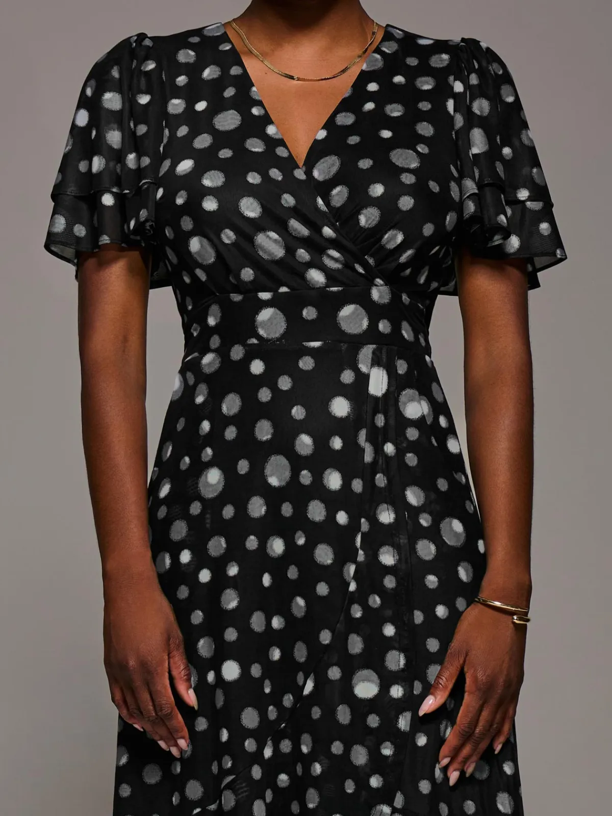 Jolie Moi Occasion Dresses|Wrap Dresses-Angel Sleeve Mesh Frill Wrap Maxi Dress, Black Spot