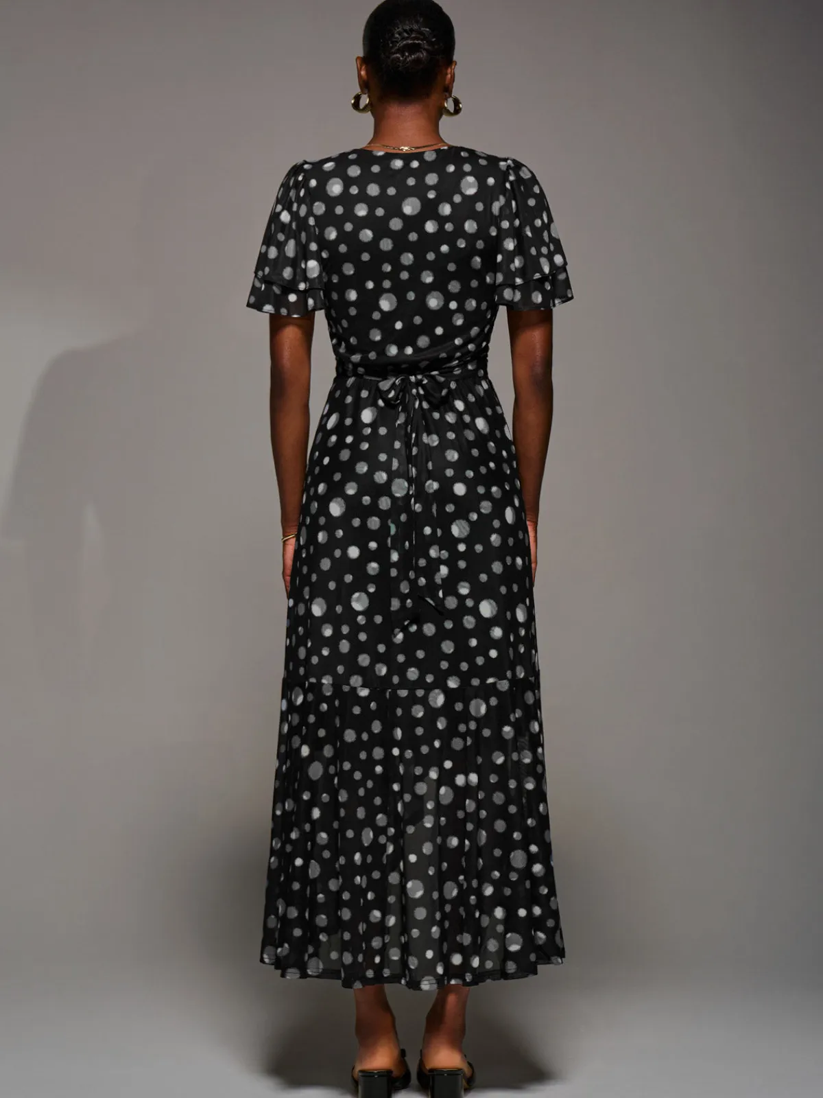 Jolie Moi Occasion Dresses|Wrap Dresses-Angel Sleeve Mesh Frill Wrap Maxi Dress, Black Spot