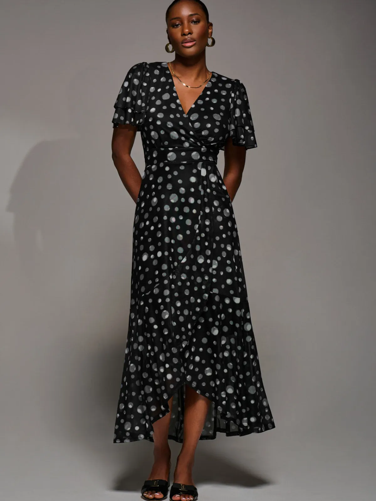 Jolie Moi Occasion Dresses|Wrap Dresses-Angel Sleeve Mesh Frill Wrap Maxi Dress, Black Spot