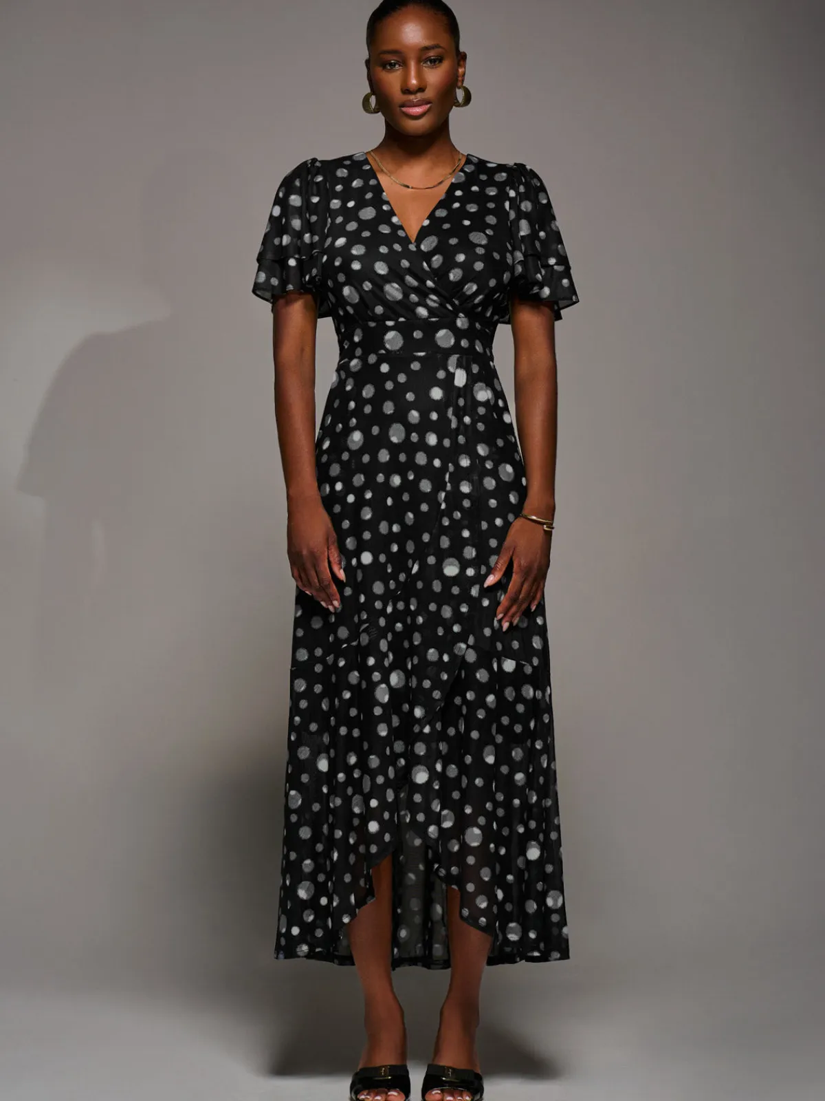 Jolie Moi Occasion Dresses|Wrap Dresses-Angel Sleeve Mesh Frill Wrap Maxi Dress, Black Spot