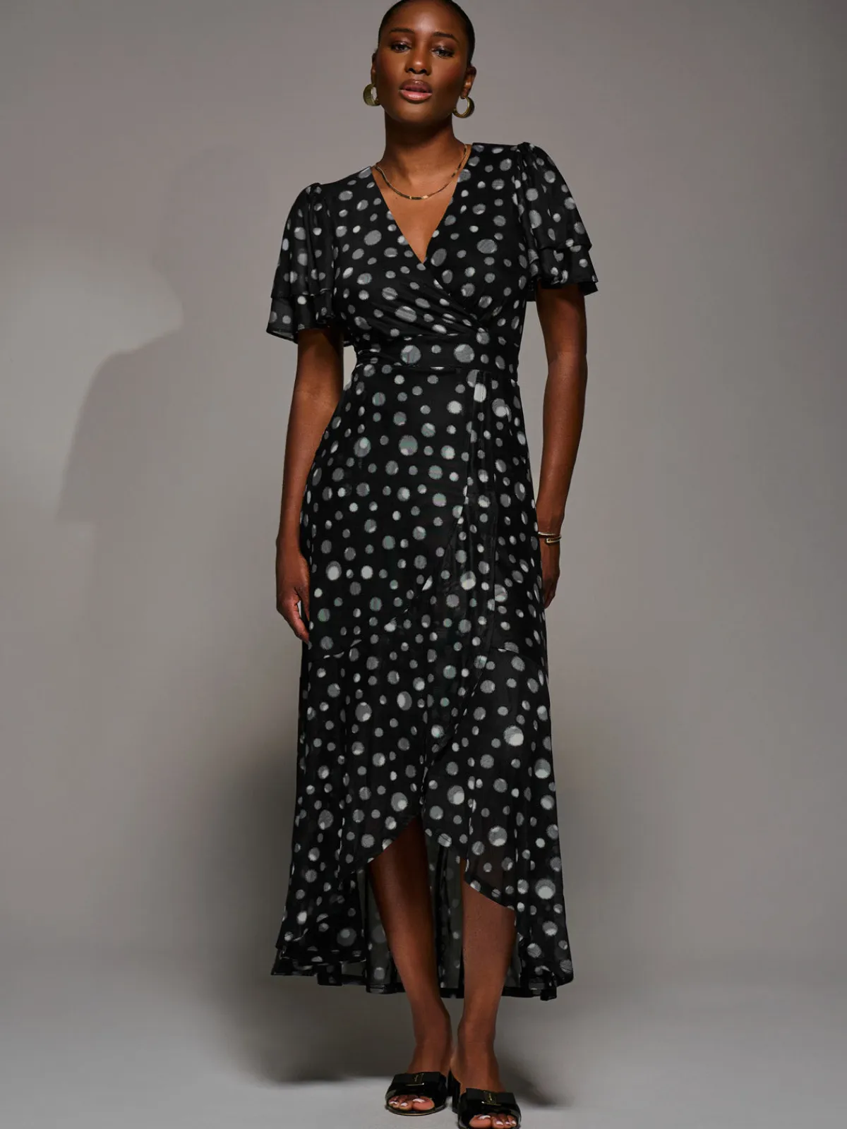 Jolie Moi Occasion Dresses|Wrap Dresses-Angel Sleeve Mesh Frill Wrap Maxi Dress, Black Spot