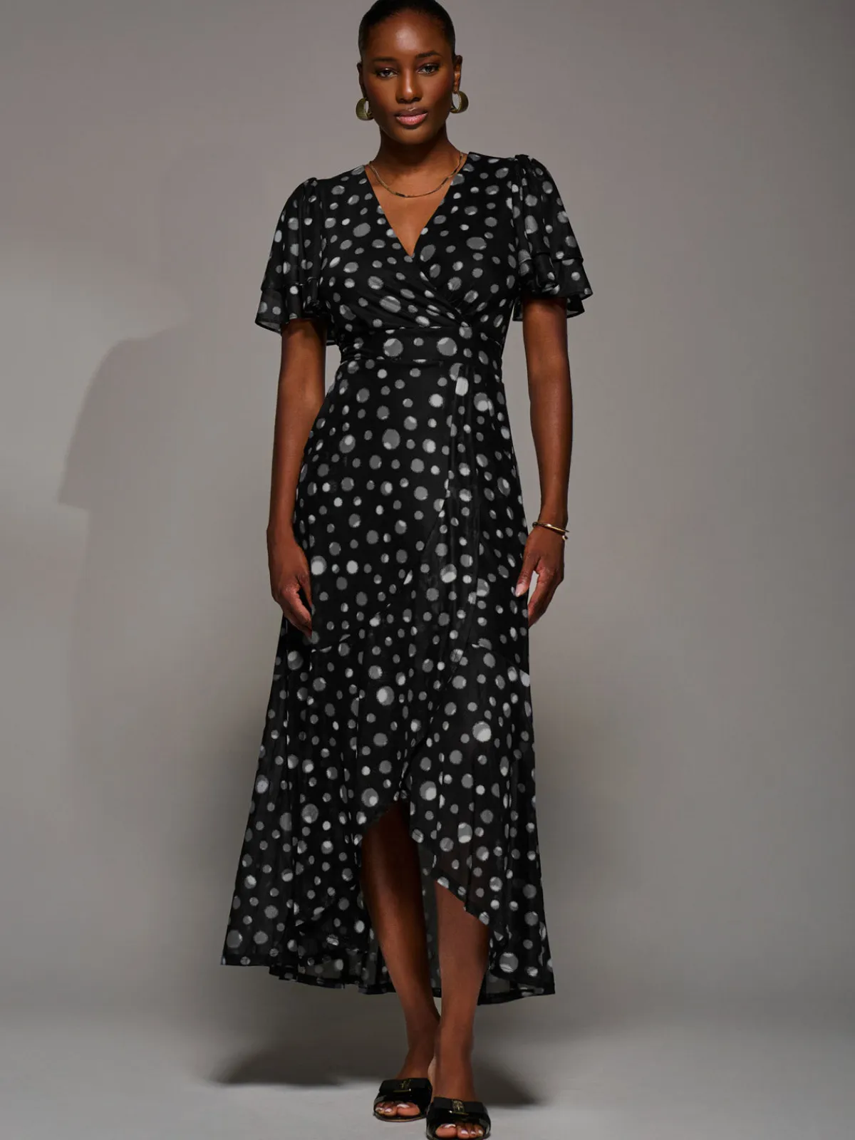 Jolie Moi Occasion Dresses|Wrap Dresses-Angel Sleeve Mesh Frill Wrap Maxi Dress, Black Spot