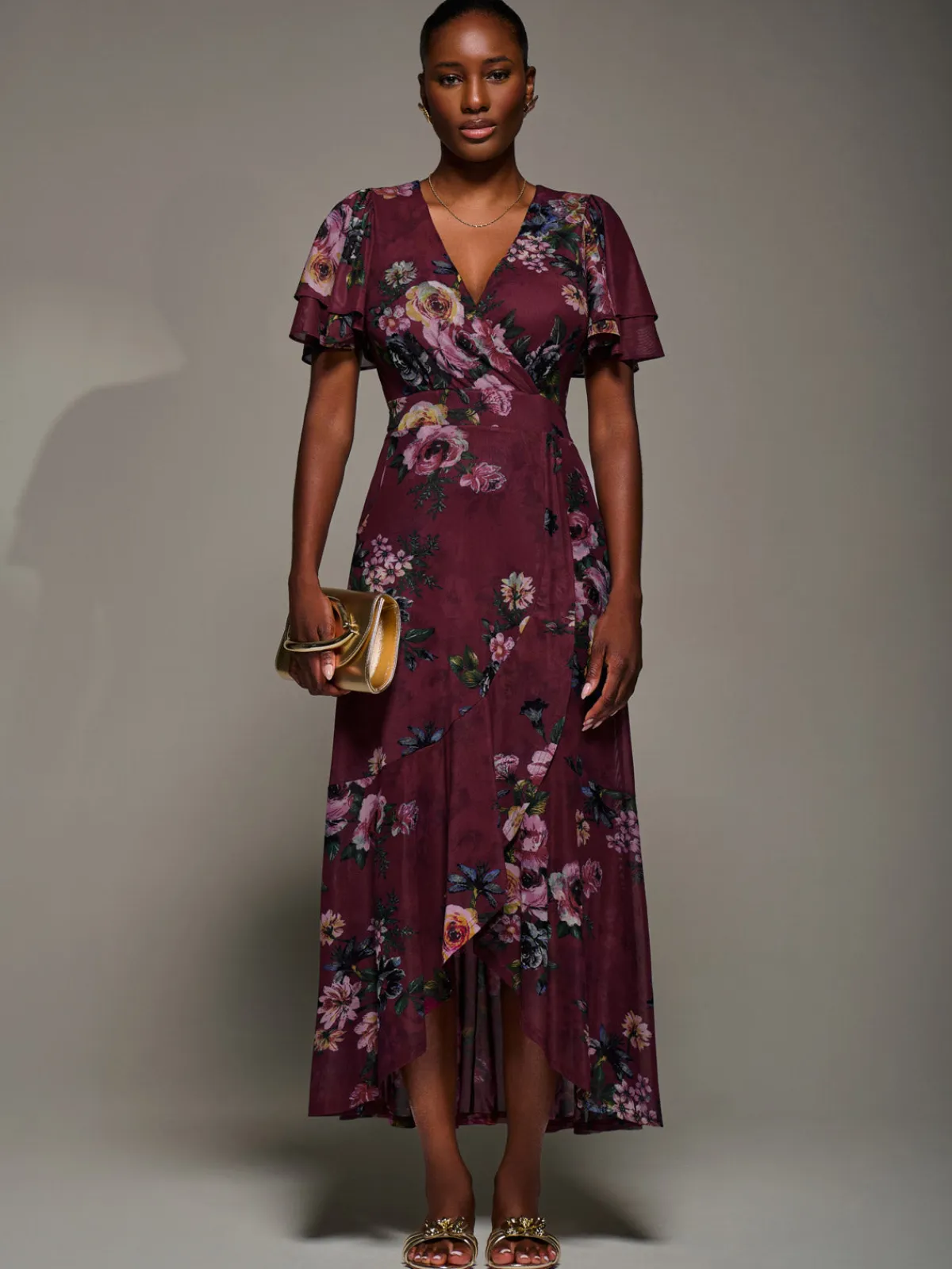 Jolie Moi Occasion Dresses|Floral Dresses-Angel Sleeve Mesh Frill Wrap Maxi Dress, Burgundy Floral
