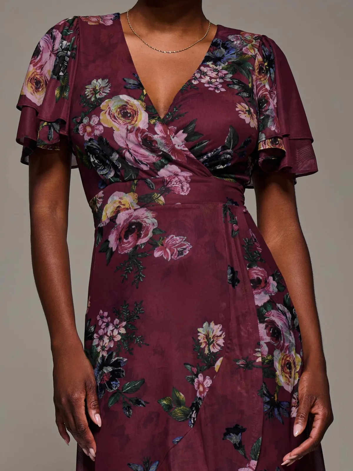Jolie Moi Occasion Dresses|Floral Dresses-Angel Sleeve Mesh Frill Wrap Maxi Dress, Burgundy Floral