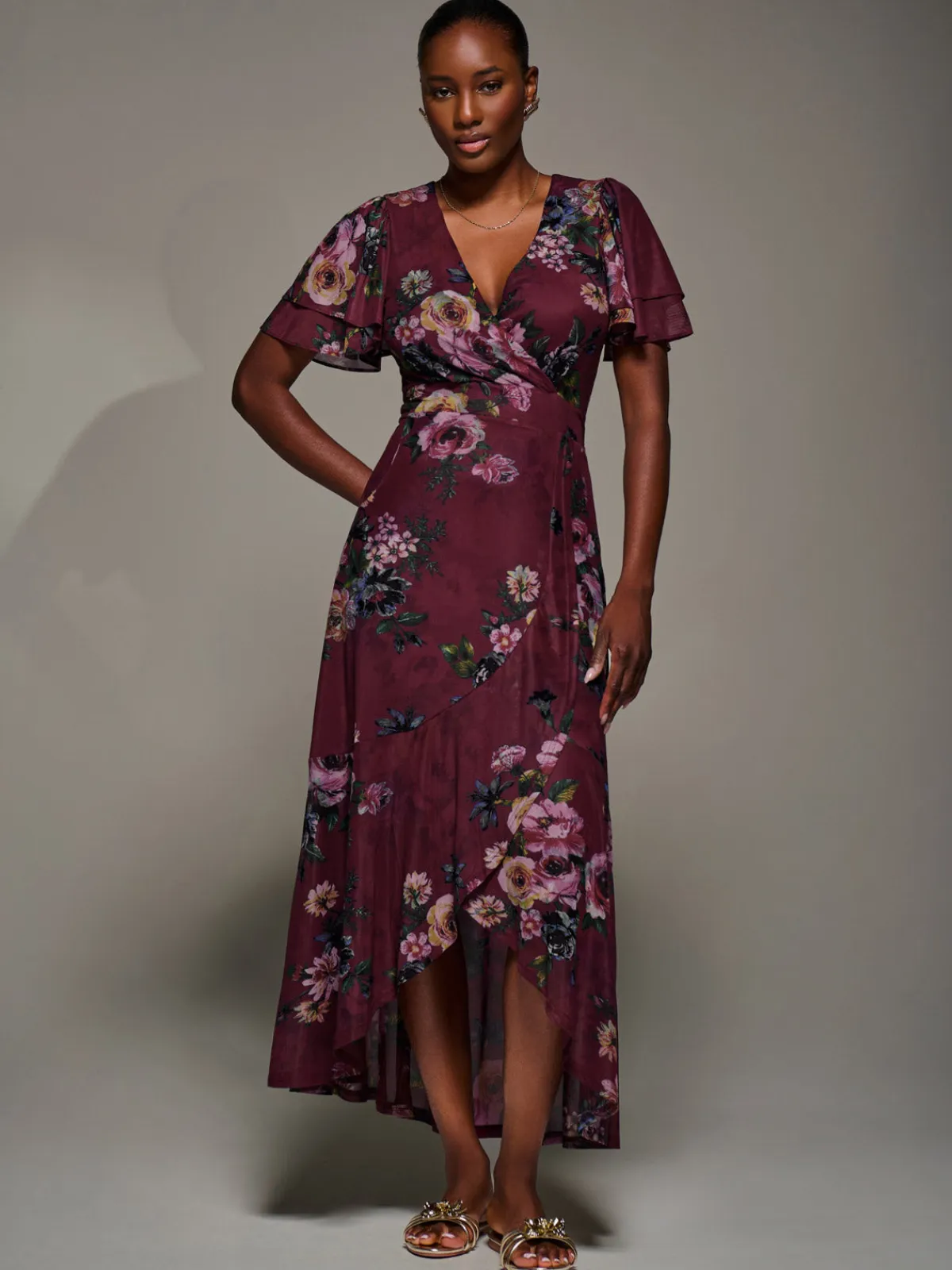 Jolie Moi Occasion Dresses|Floral Dresses-Angel Sleeve Mesh Frill Wrap Maxi Dress, Burgundy Floral