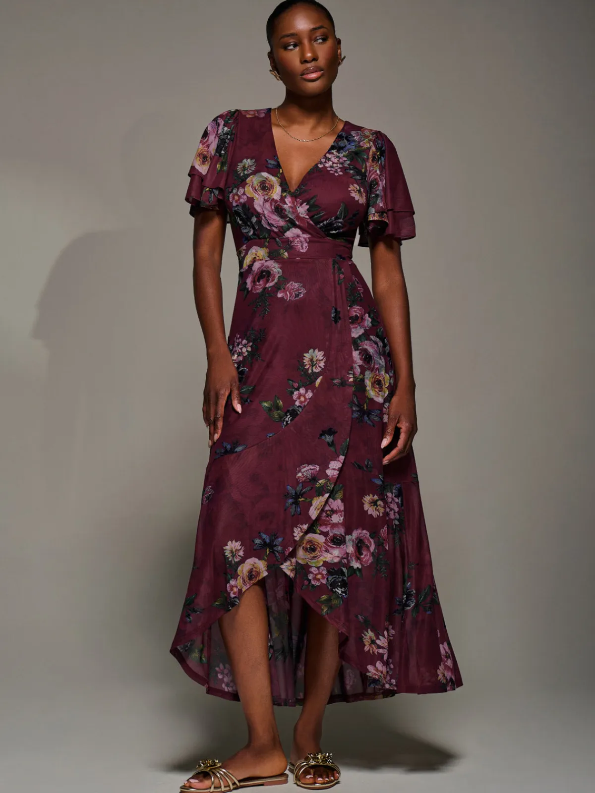 Jolie Moi Occasion Dresses|Floral Dresses-Angel Sleeve Mesh Frill Wrap Maxi Dress, Burgundy Floral