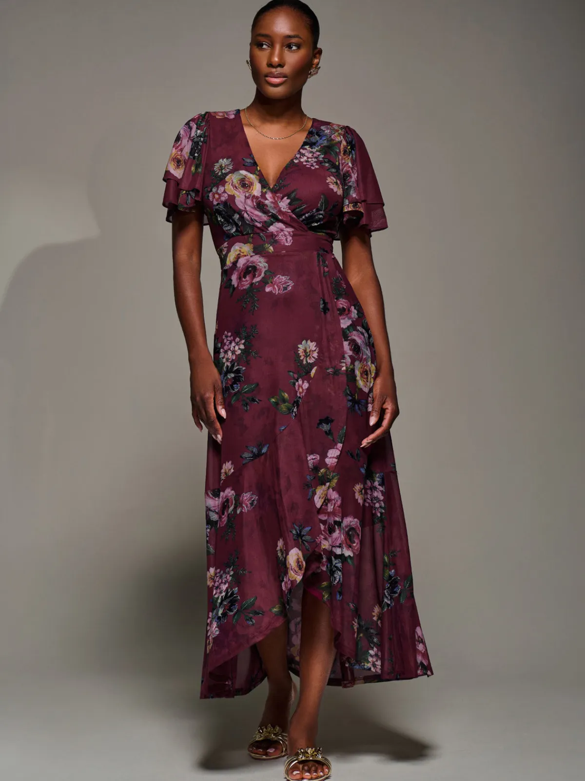 Jolie Moi Occasion Dresses|Floral Dresses-Angel Sleeve Mesh Frill Wrap Maxi Dress, Burgundy Floral