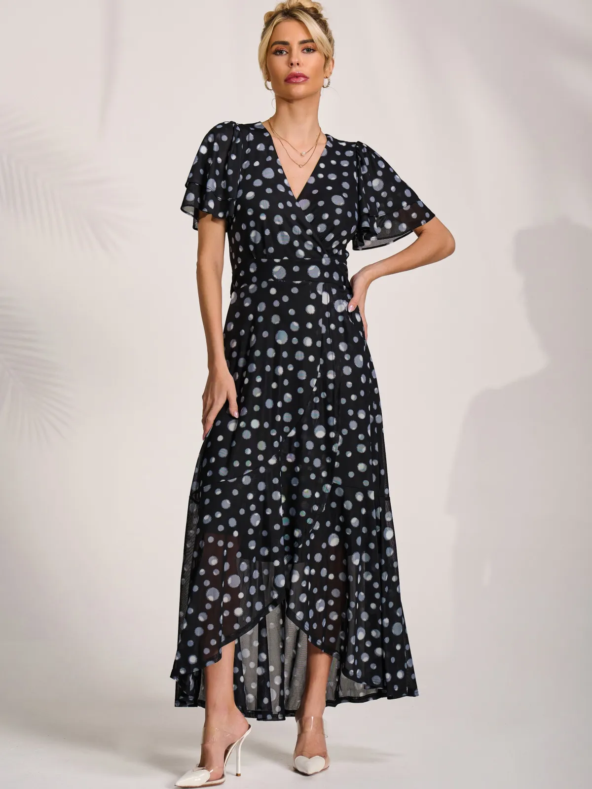 Jolie Moi Occasion Dresses|Mesh Dresses-Angel Sleeve Mesh Maxi Dress, Black Spot