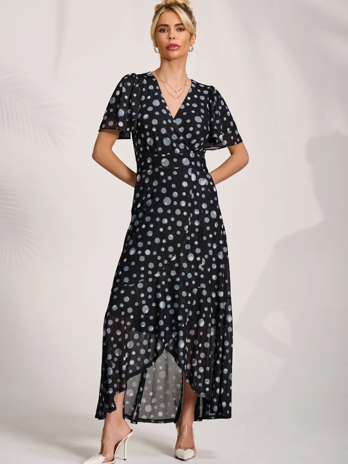 Jolie Moi Occasion Dresses|Mesh Dresses-Angel Sleeve Mesh Maxi Dress, Black Spot