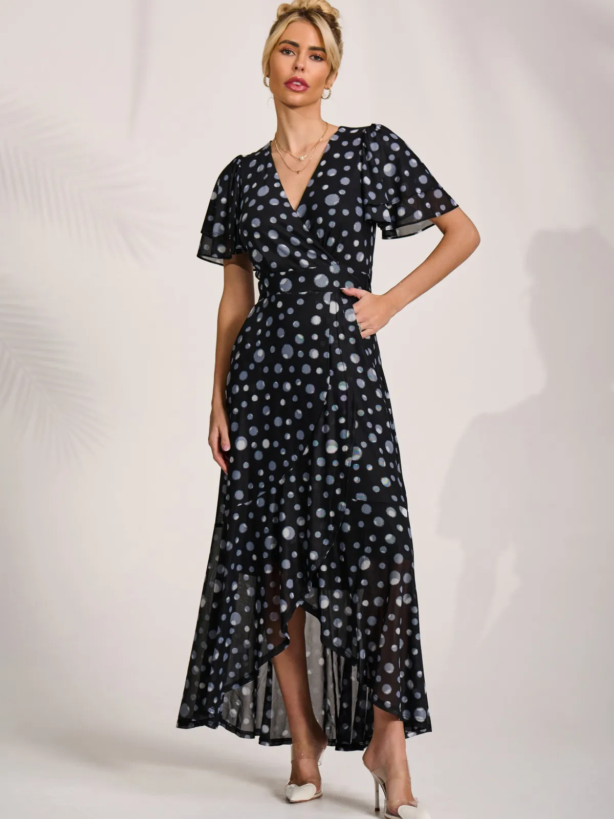 Jolie Moi Occasion Dresses|Mesh Dresses-Angel Sleeve Mesh Maxi Dress, Black Spot