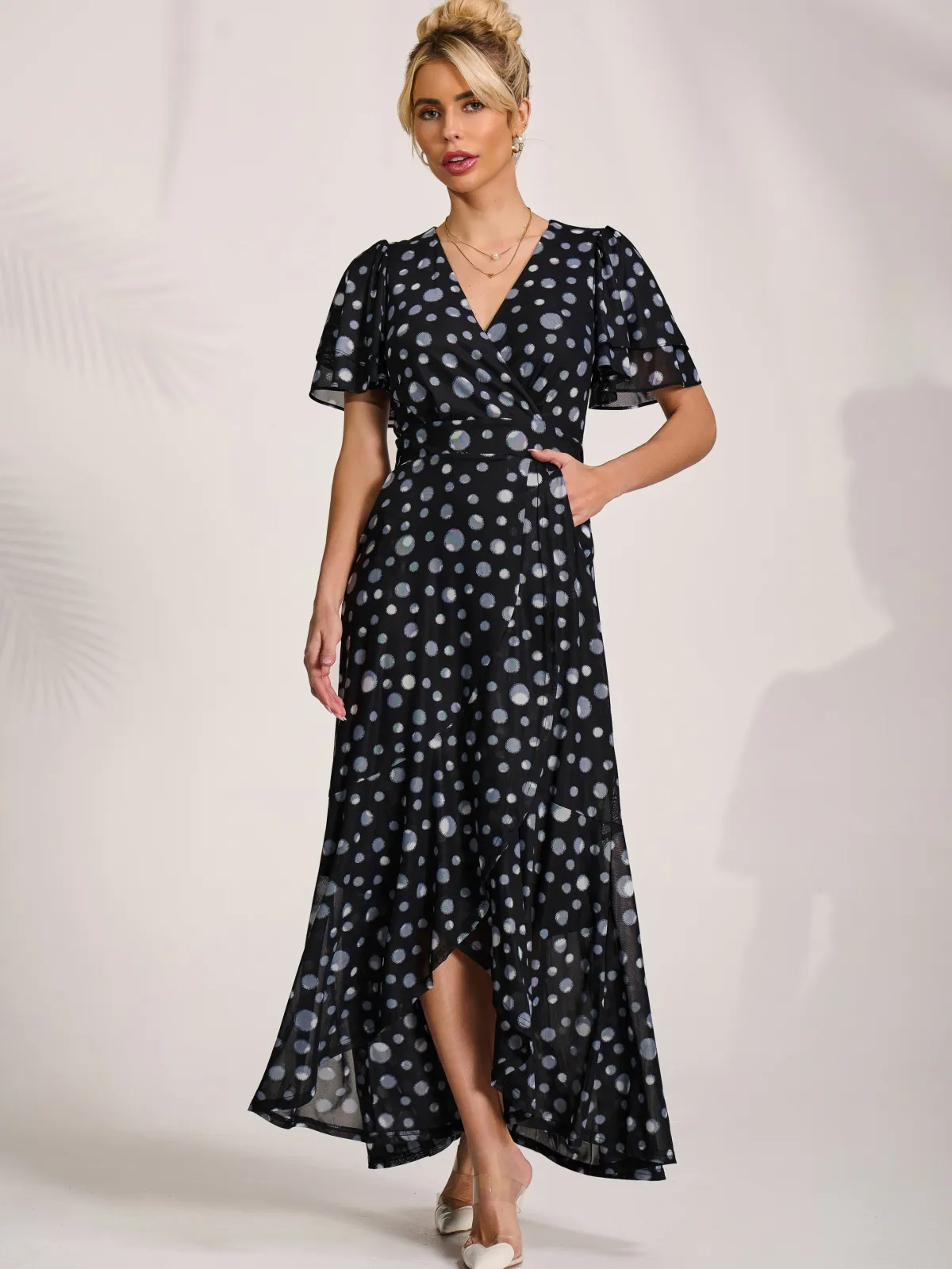 Jolie Moi Occasion Dresses|Mesh Dresses-Angel Sleeve Mesh Maxi Dress, Black Spot