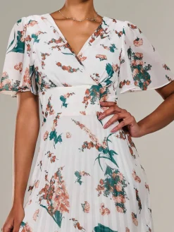 Jolie Moi Occasion Dresses|Floral Dresses-Angel Sleeve Pleated Chiffon Maxi Dress, Beige Floral