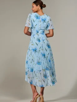 Jolie Moi Occasion Dresses|Floral Dresses-Angel Sleeve Pleated Chiffon Maxi Dress, Blue Floral