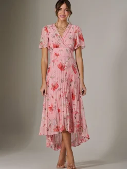 Jolie Moi Occasion Dresses|Floral Dresses-Angel Sleeve Pleated Chiffon Maxi Dress, Coral Pink