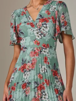 Jolie Moi Occasion Dresses|Floral Dresses-Angel Sleeve Pleated Chiffon Maxi Dress, Green Floral