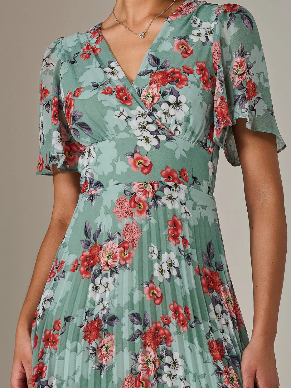 Jolie Moi Occasion Dresses|Floral Dresses-Angel Sleeve Pleated Chiffon Maxi Dress, Green Floral