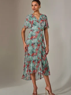 Jolie Moi Occasion Dresses|Floral Dresses-Angel Sleeve Pleated Chiffon Maxi Dress, Green Floral