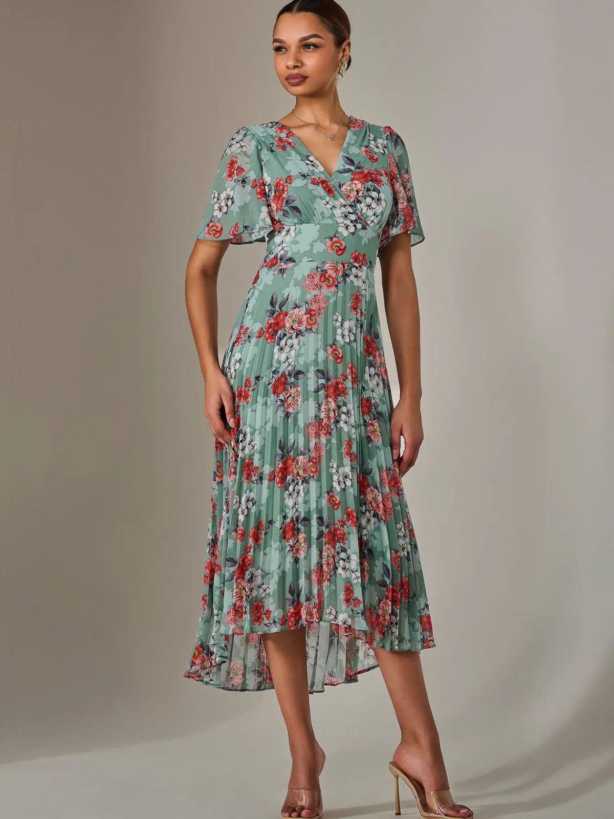 Jolie Moi Occasion Dresses|Floral Dresses-Angel Sleeve Pleated Chiffon Maxi Dress, Green Floral