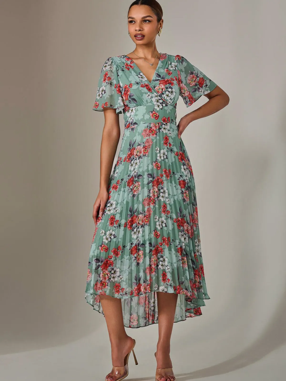 Jolie Moi Occasion Dresses|Floral Dresses-Angel Sleeve Pleated Chiffon Maxi Dress, Green Floral