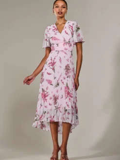 Jolie Moi Occasion Dresses|Floral Dresses-Angel Sleeve Pleated Chiffon Maxi Dress, Pink Floral