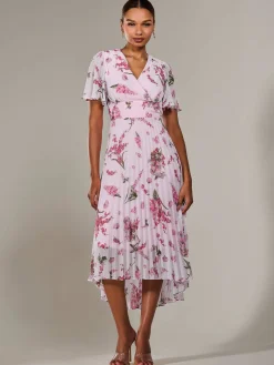 Jolie Moi Occasion Dresses|Floral Dresses-Angel Sleeve Pleated Chiffon Maxi Dress, Pink Floral