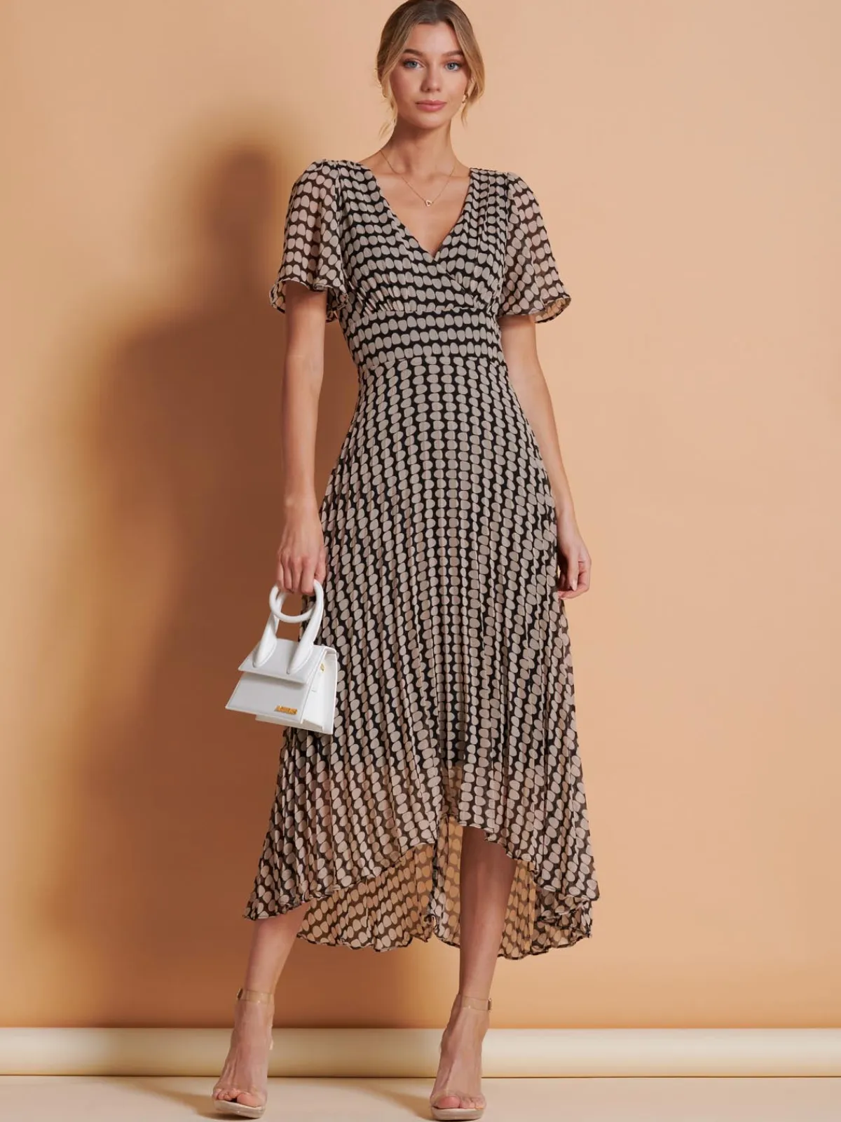 Jolie Moi Occasion Dresses|Weekend Casuals-Angel Sleeve Pleated Chiffon Maxi Dress, Stone/Black
