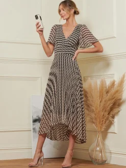 Jolie Moi Occasion Dresses|Weekend Casuals-Angel Sleeve Pleated Chiffon Maxi Dress, Stone/Black