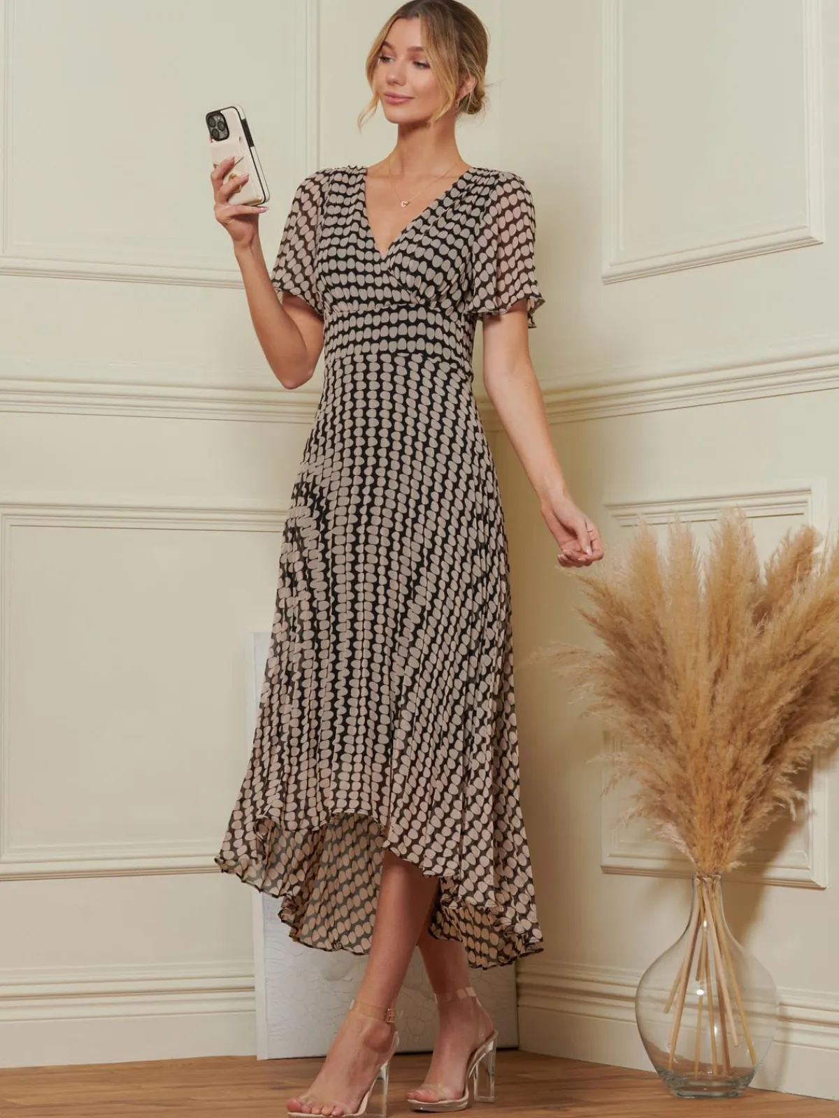 Jolie Moi Occasion Dresses|Weekend Casuals-Angel Sleeve Pleated Chiffon Maxi Dress, Stone/Black
