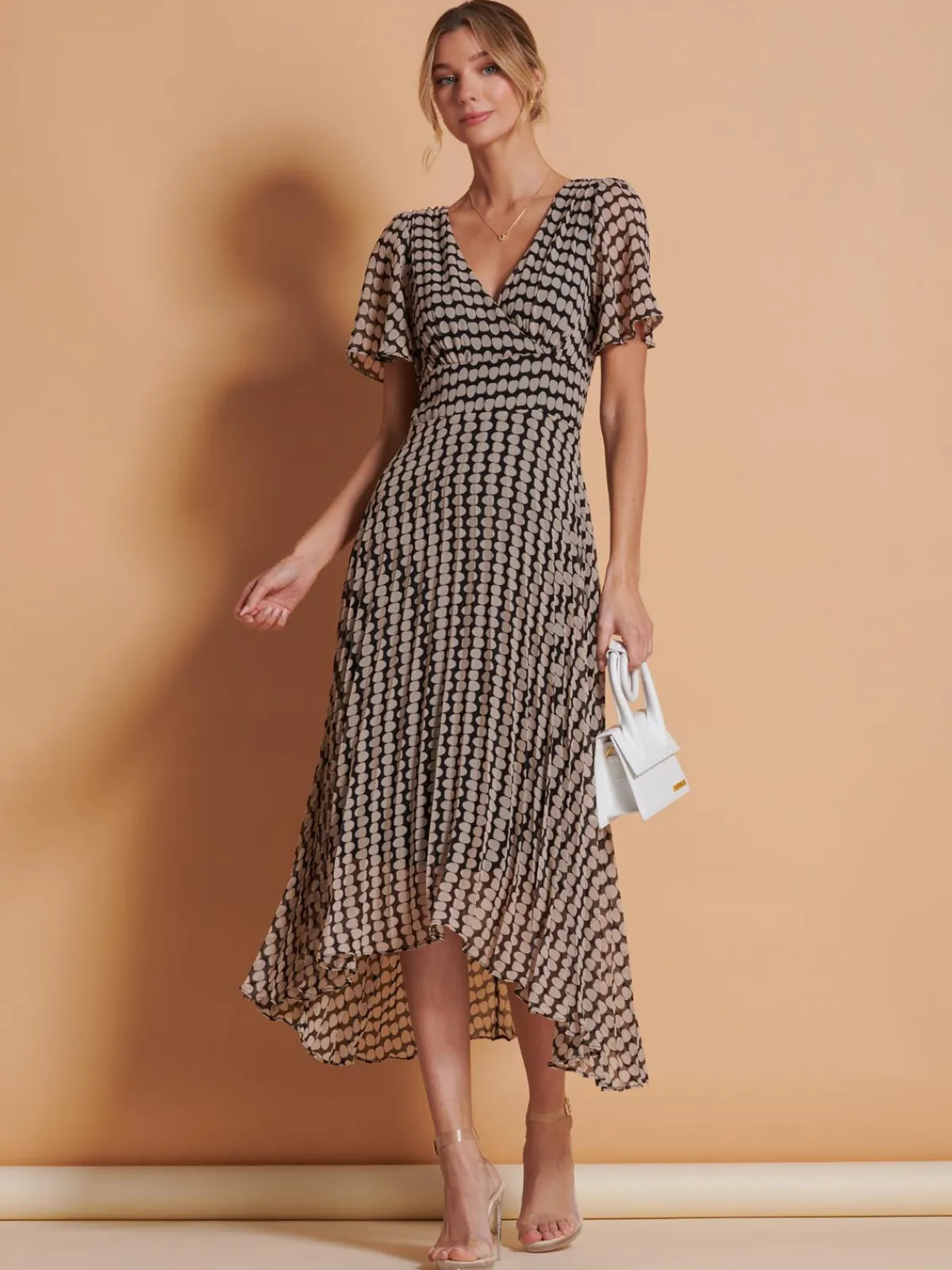 Jolie Moi Occasion Dresses|Weekend Casuals-Angel Sleeve Pleated Chiffon Maxi Dress, Stone/Black