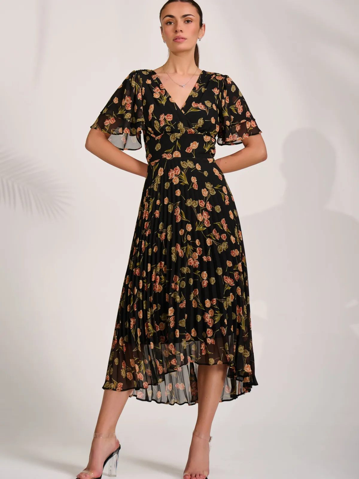 Jolie Moi Occasion Dresses|Floral Dresses-Angel Sleeve Pleated Chiffon Midaxi Dress, Black Floral