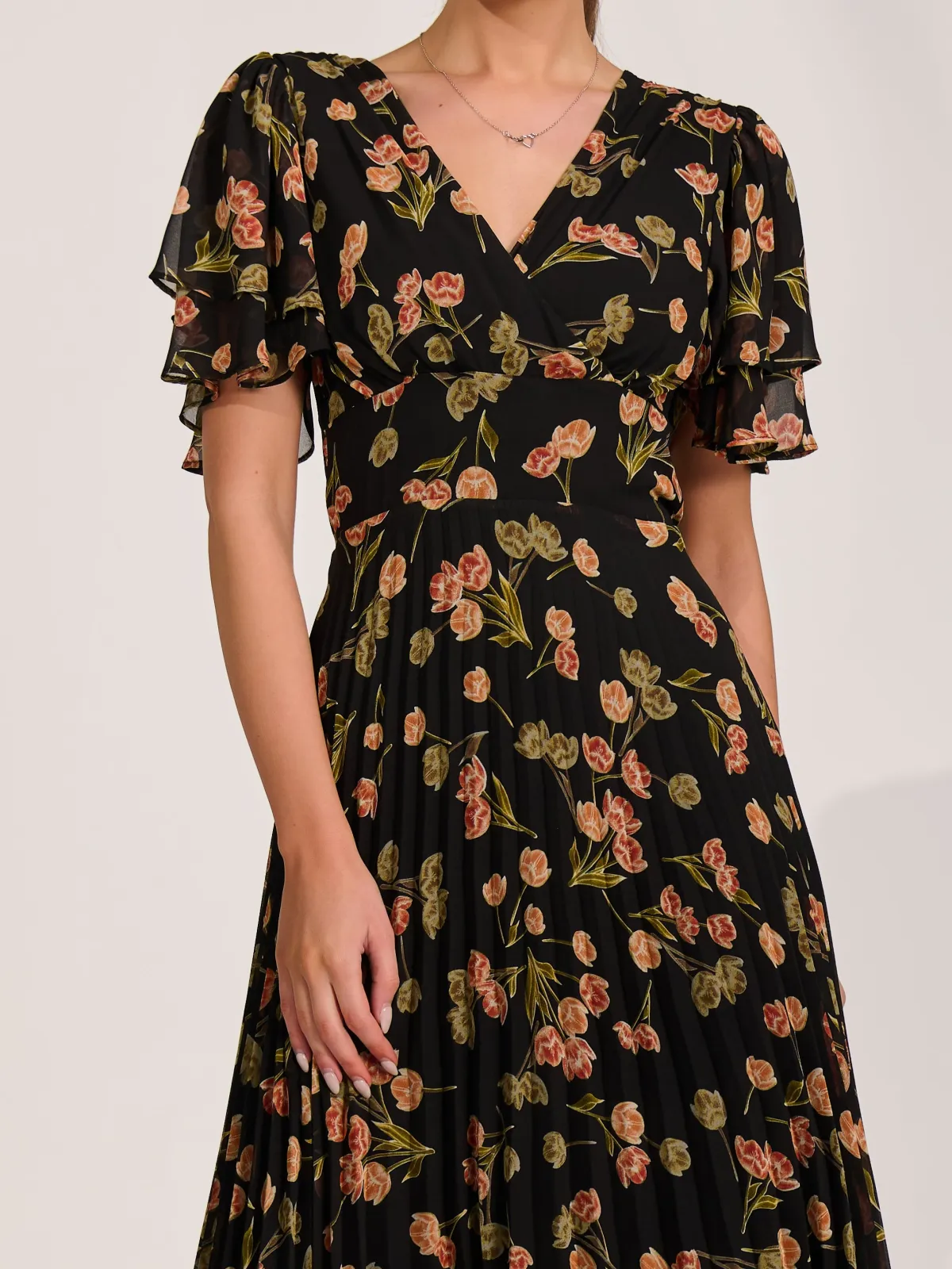 Jolie Moi Occasion Dresses|Floral Dresses-Angel Sleeve Pleated Chiffon Midaxi Dress, Black Floral
