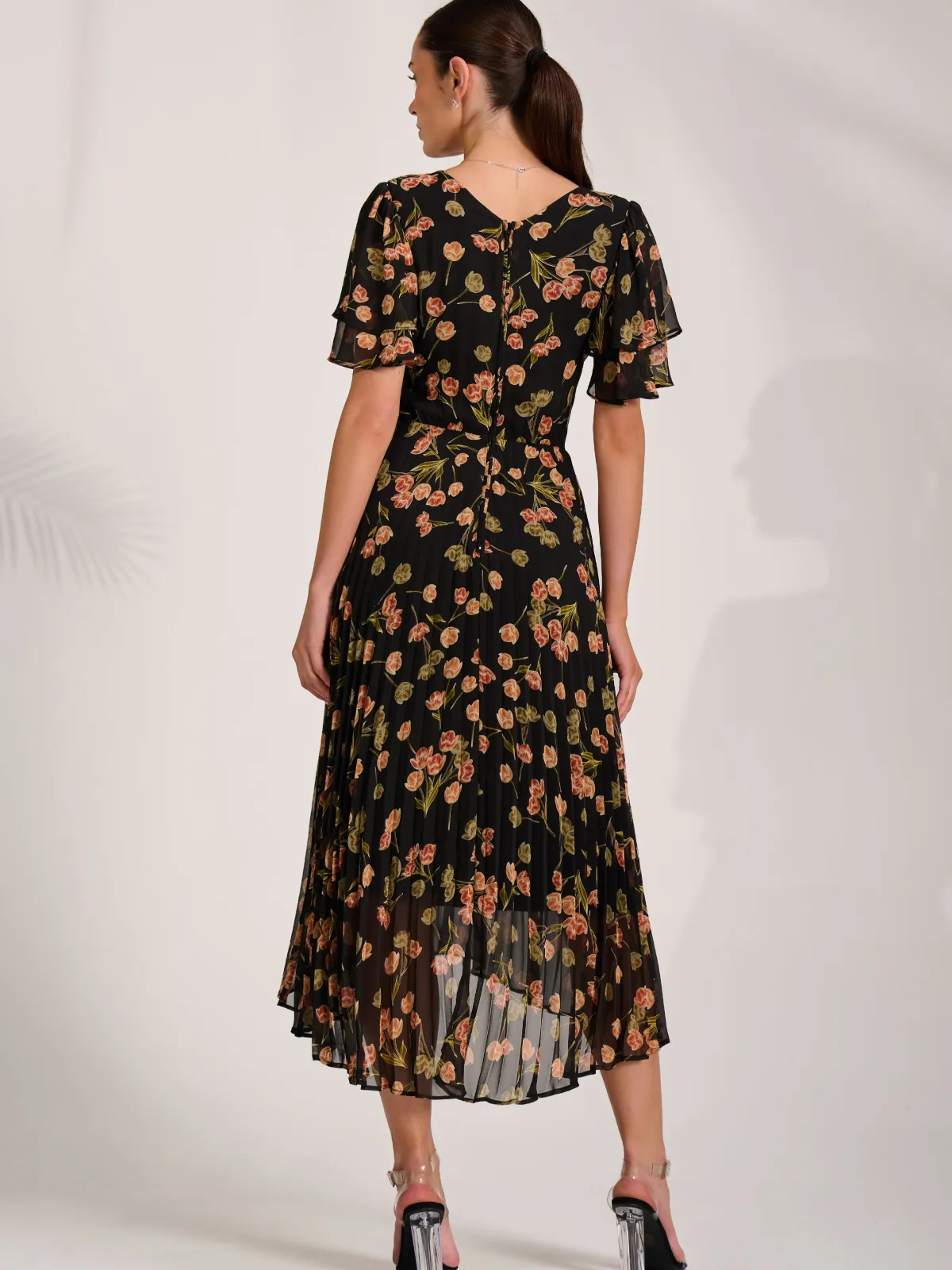 Jolie Moi Occasion Dresses|Floral Dresses-Angel Sleeve Pleated Chiffon Midaxi Dress, Black Floral