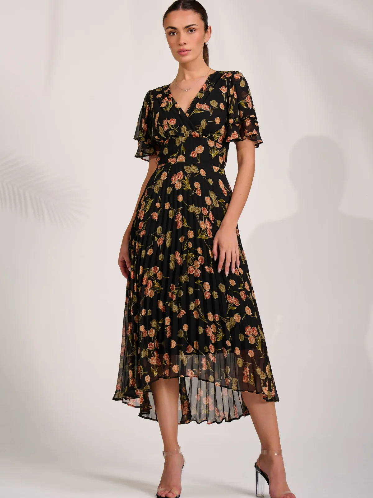 Jolie Moi Occasion Dresses|Floral Dresses-Angel Sleeve Pleated Chiffon Midaxi Dress, Black Floral
