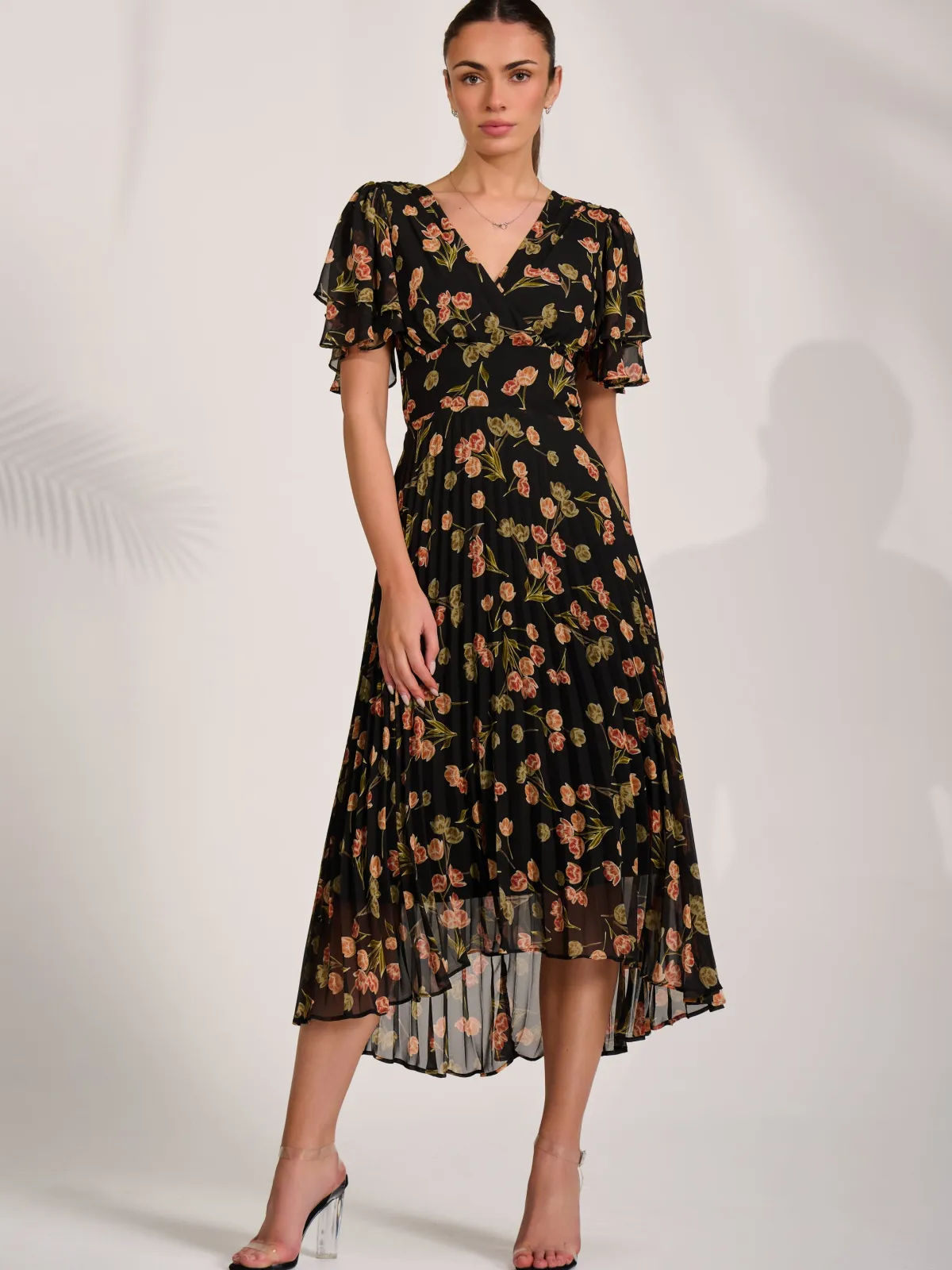 Jolie Moi Occasion Dresses|Floral Dresses-Angel Sleeve Pleated Chiffon Midaxi Dress, Black Floral