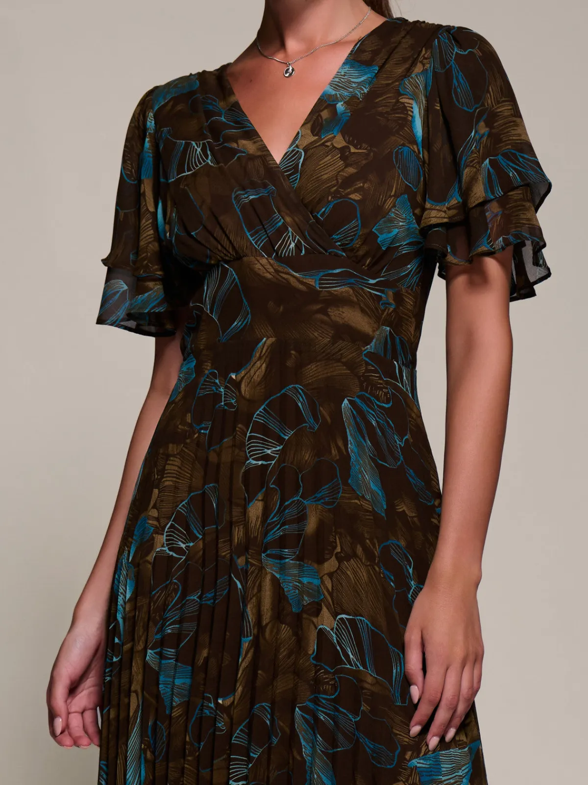 Jolie Moi Occasion Dresses|Wrap Dresses-Angel Sleeve Pleated Chiffon Midaxi Dress, Brown Abstract