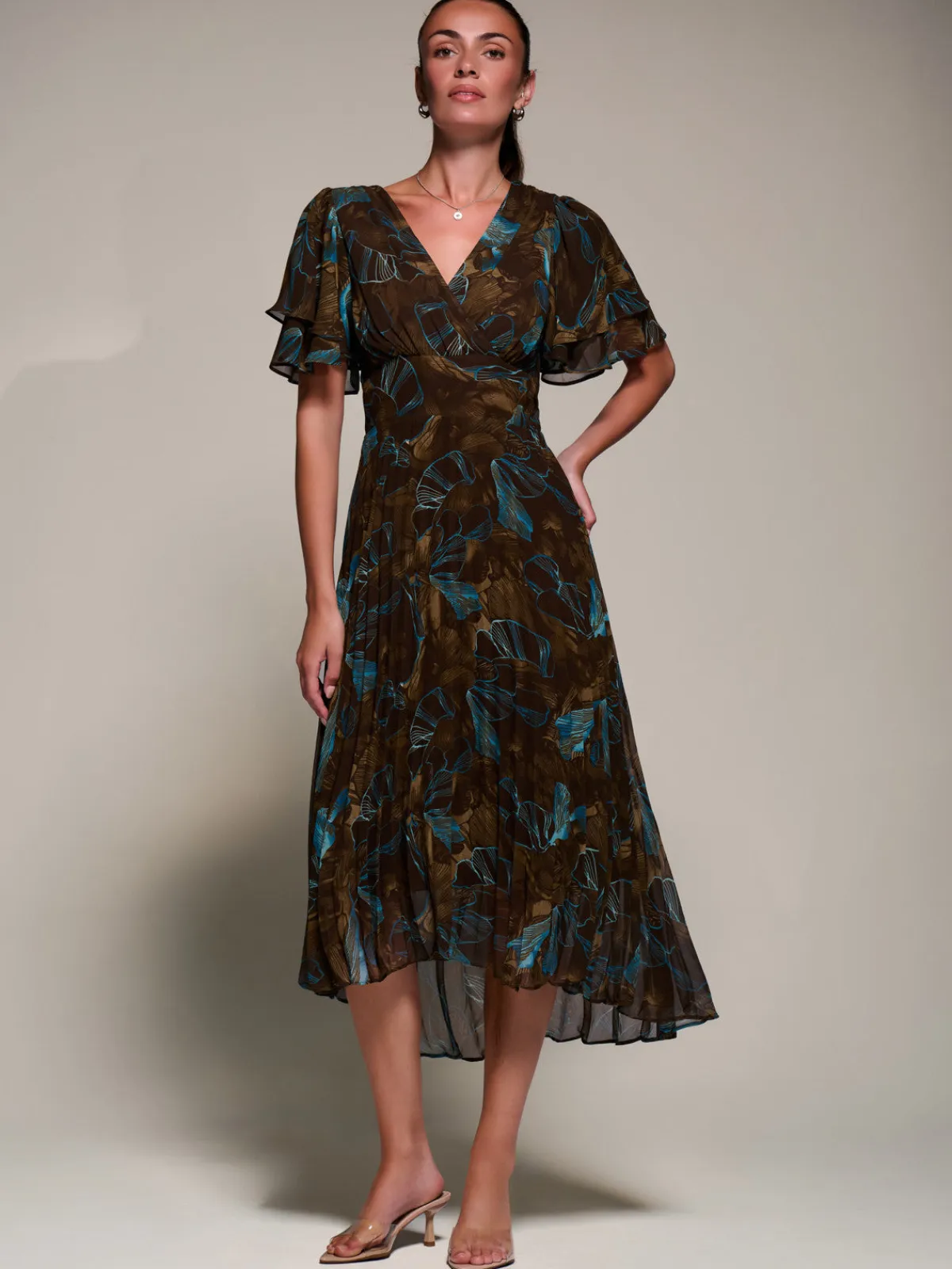 Jolie Moi Occasion Dresses|Wrap Dresses-Angel Sleeve Pleated Chiffon Midaxi Dress, Brown Abstract
