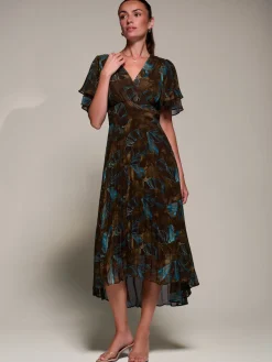 Jolie Moi Occasion Dresses|Wrap Dresses-Angel Sleeve Pleated Chiffon Midaxi Dress, Brown Abstract