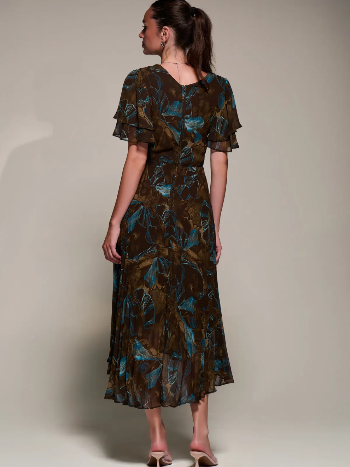 Jolie Moi Occasion Dresses|Wrap Dresses-Angel Sleeve Pleated Chiffon Midaxi Dress, Brown Abstract