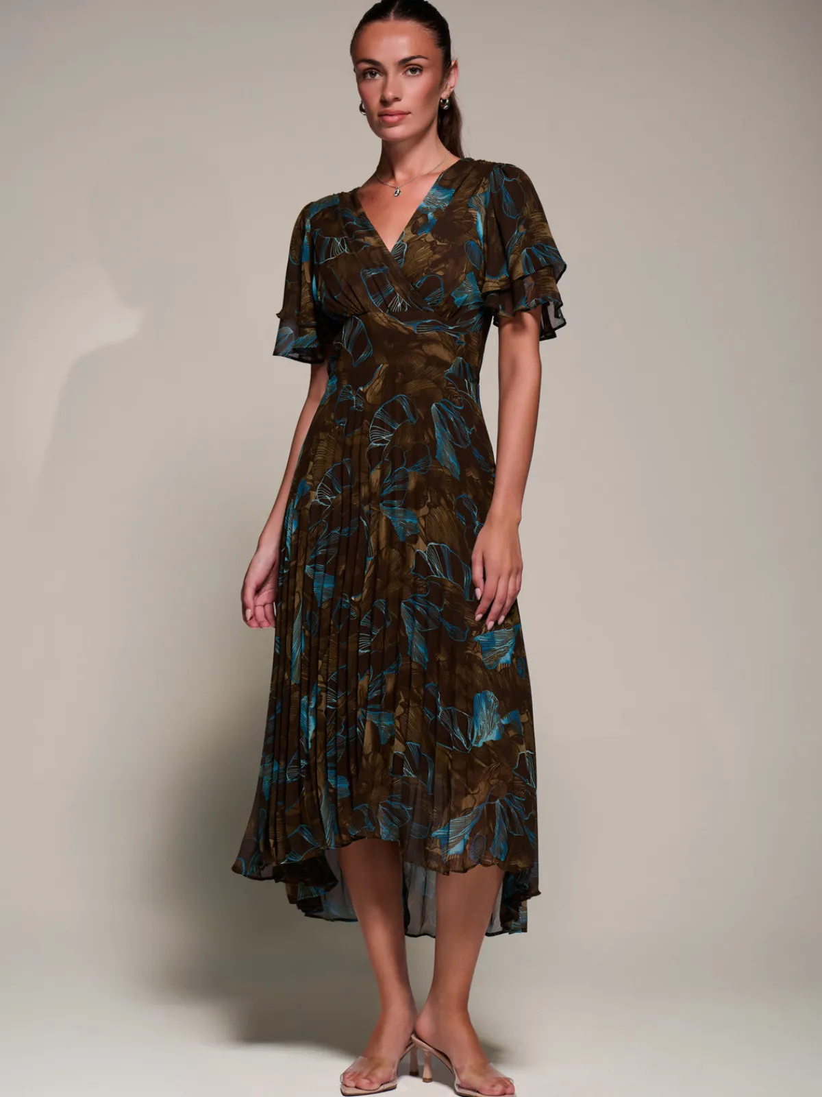 Jolie Moi Occasion Dresses|Wrap Dresses-Angel Sleeve Pleated Chiffon Midaxi Dress, Brown Abstract
