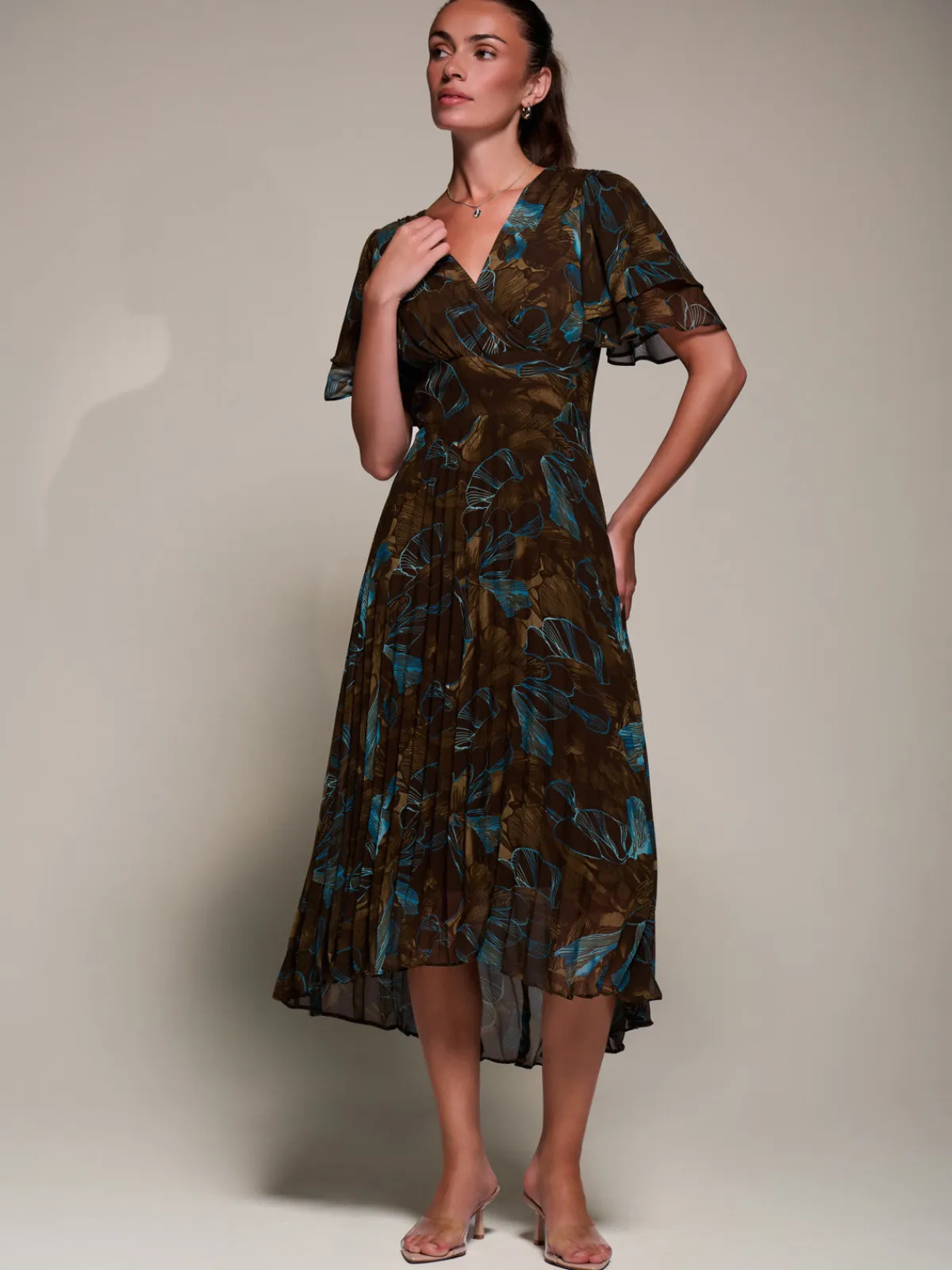 Jolie Moi Occasion Dresses|Wrap Dresses-Angel Sleeve Pleated Chiffon Midaxi Dress, Brown Abstract