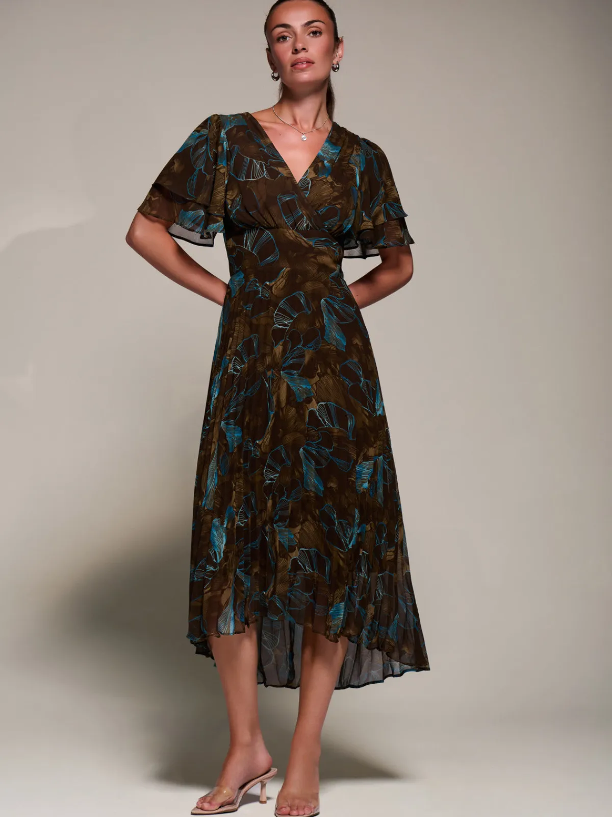 Jolie Moi Occasion Dresses|Wrap Dresses-Angel Sleeve Pleated Chiffon Midaxi Dress, Brown Abstract