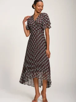 Jolie Moi Occasion Dresses|Party Dresses-Angel Sleeve Pleated Chiffon Midaxi Dress, Brown Geo
