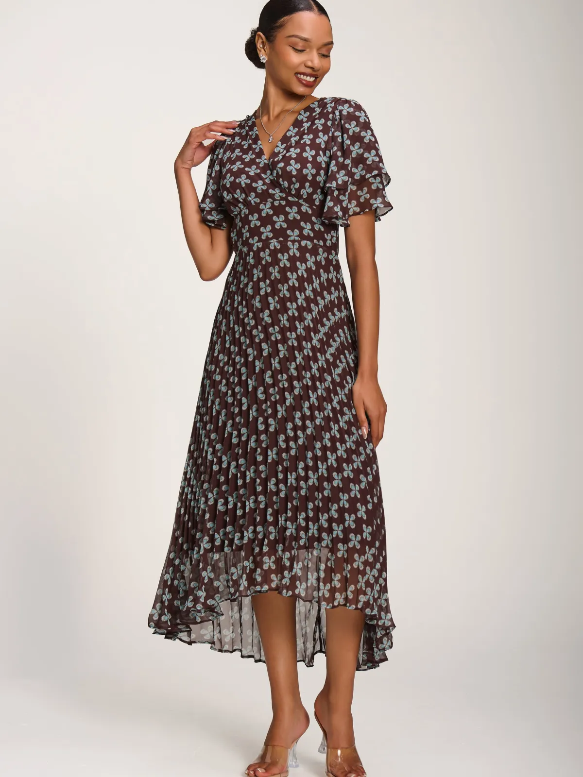 Jolie Moi Occasion Dresses|Party Dresses-Angel Sleeve Pleated Chiffon Midaxi Dress, Brown Geo