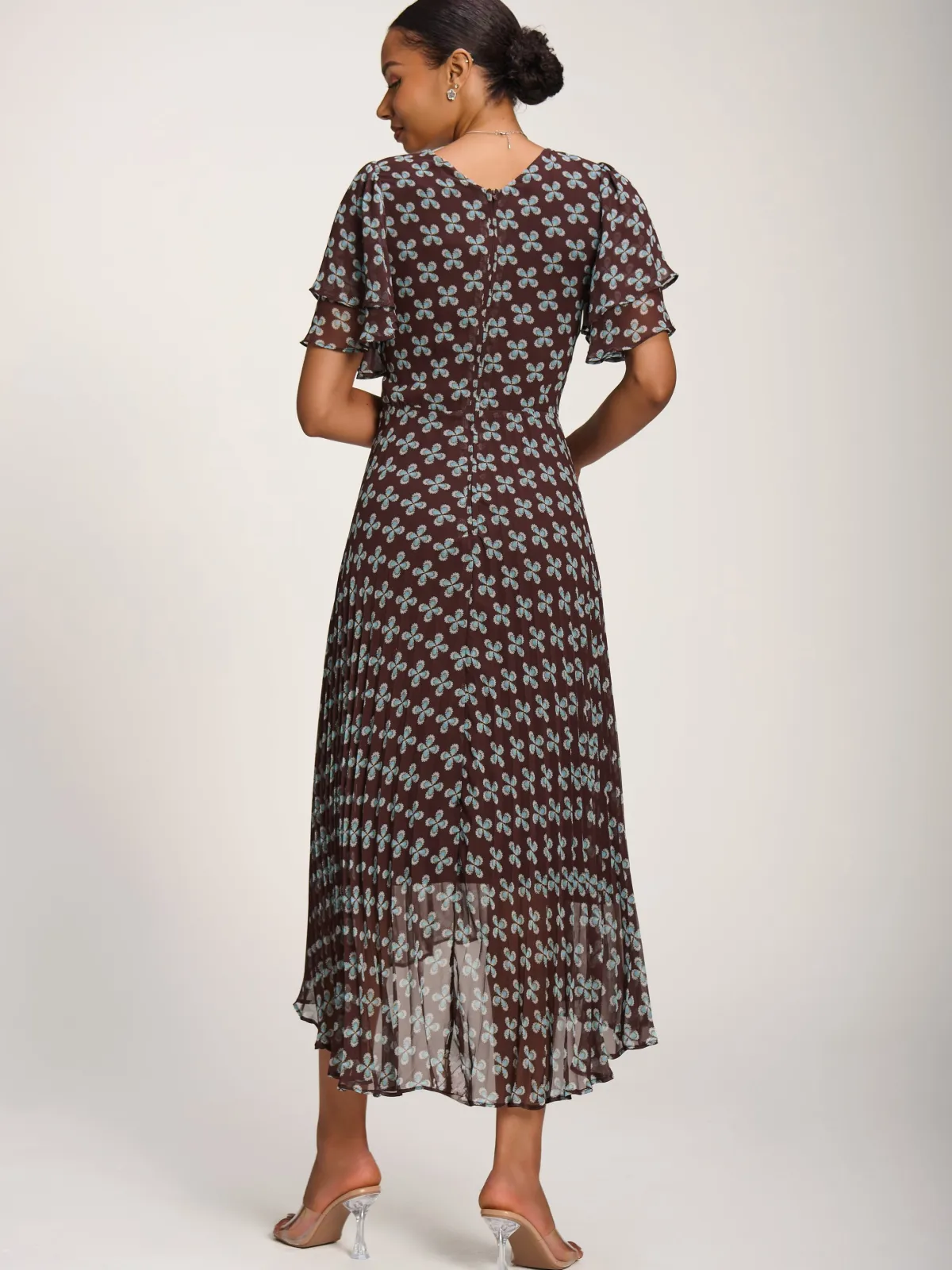 Jolie Moi Occasion Dresses|Party Dresses-Angel Sleeve Pleated Chiffon Midaxi Dress, Brown Geo