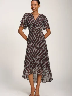 Jolie Moi Occasion Dresses|Party Dresses-Angel Sleeve Pleated Chiffon Midaxi Dress, Brown Geo