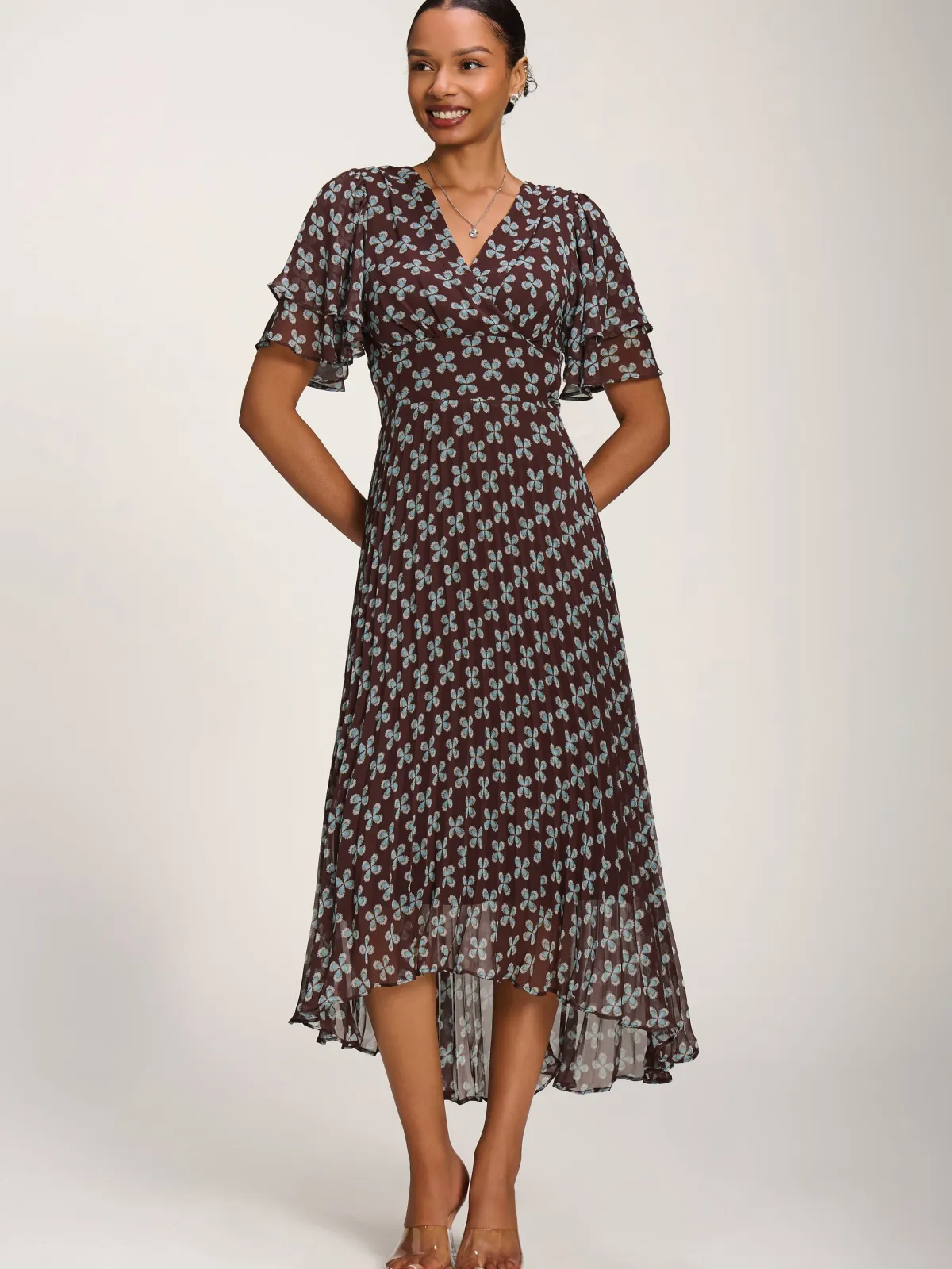 Jolie Moi Occasion Dresses|Party Dresses-Angel Sleeve Pleated Chiffon Midaxi Dress, Brown Geo